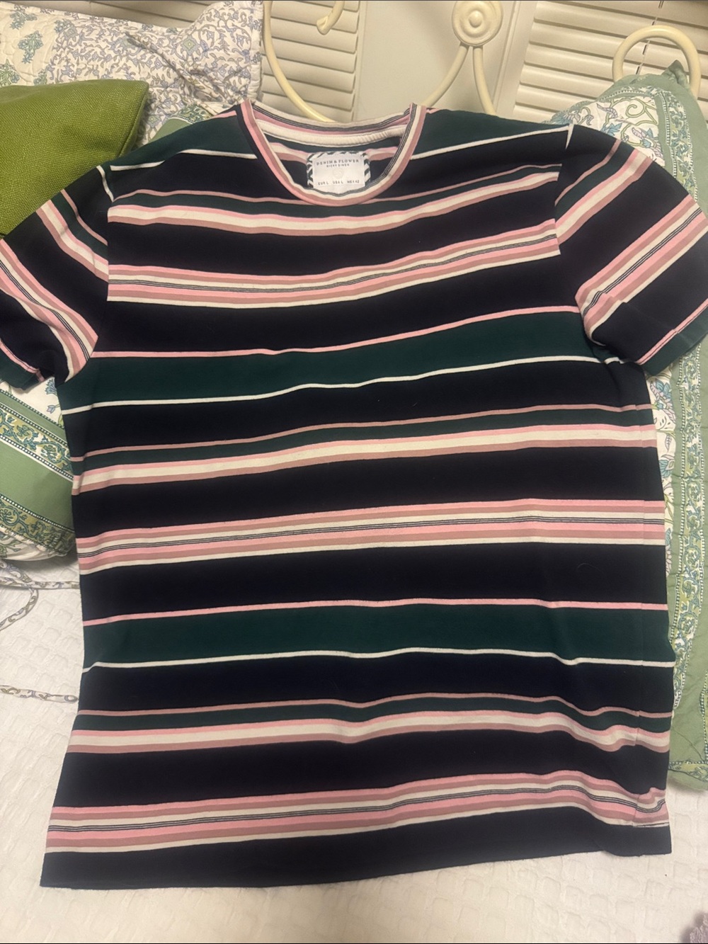 Denim & Flower Black Tee with Pink & Green Stripes